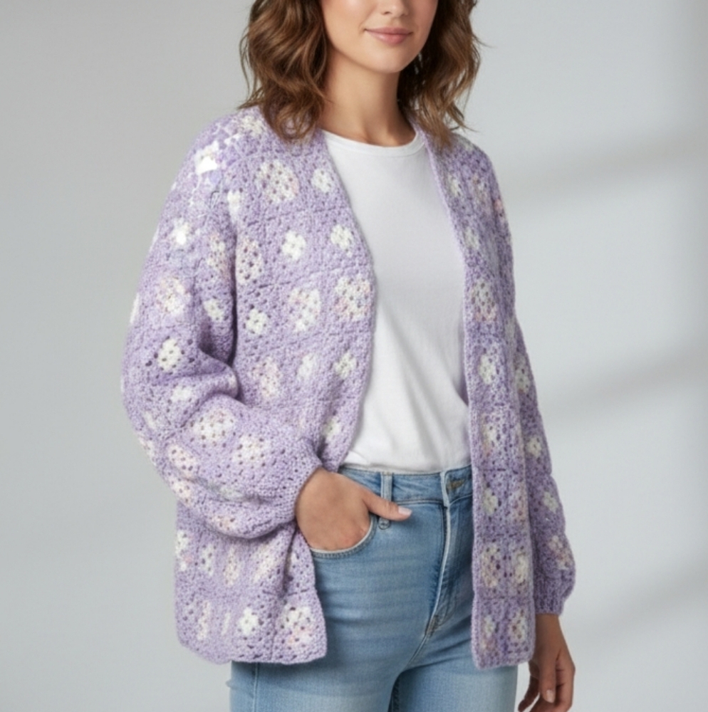 Granny Square floral flower crochet sweater purple white
